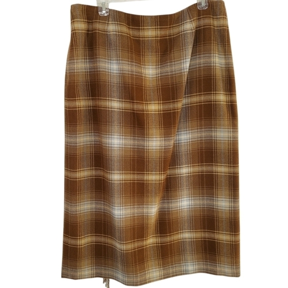 VTG Village Maxi Skirt Plaid Wool Blend Faux Wrap Fringe Lined Size 14 Tan Blue - Picture 2 of 14